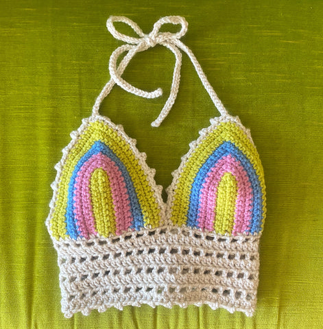 Cream & Sherbet Multicolor Crochet Halter Top