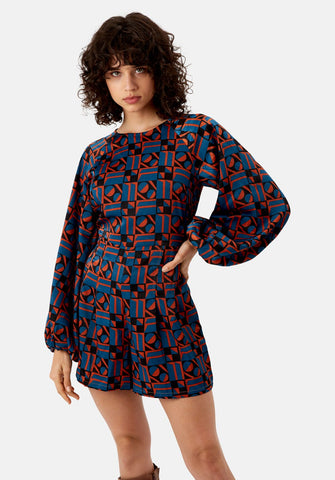 Bambi Playsuit in Blue & Rust