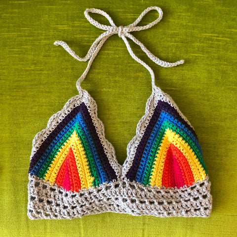Crochet Bright Rainbow & Grey Halter Top
