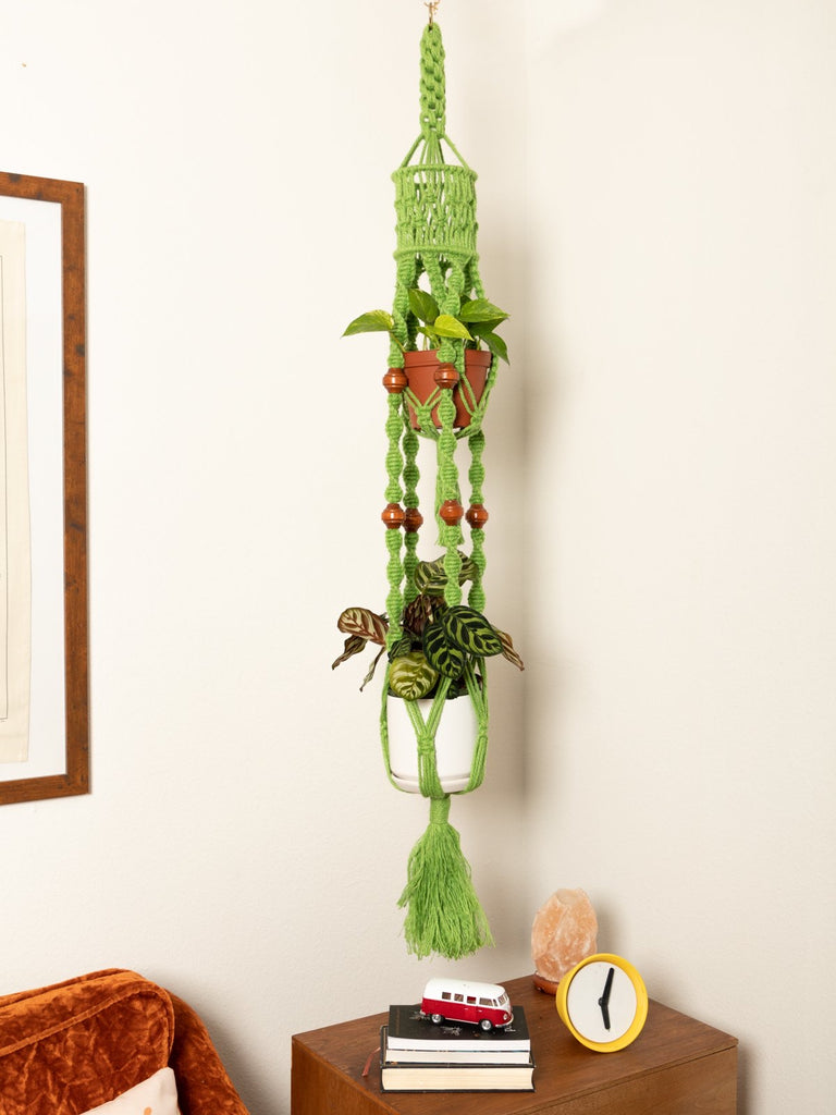 70's macrame plant hanger Green Macrame Double Plant Hanger