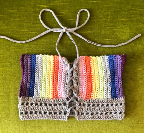 Multicolor & Light Grey Tie Crochet Halter Top